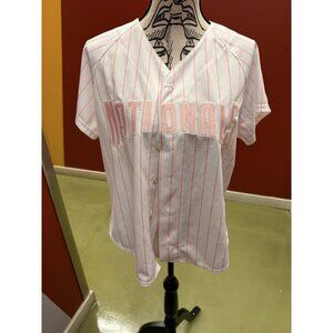 VTG White + Pink Pinstripes MLB Nationals S/S Full Button Women's Uniform Top XL